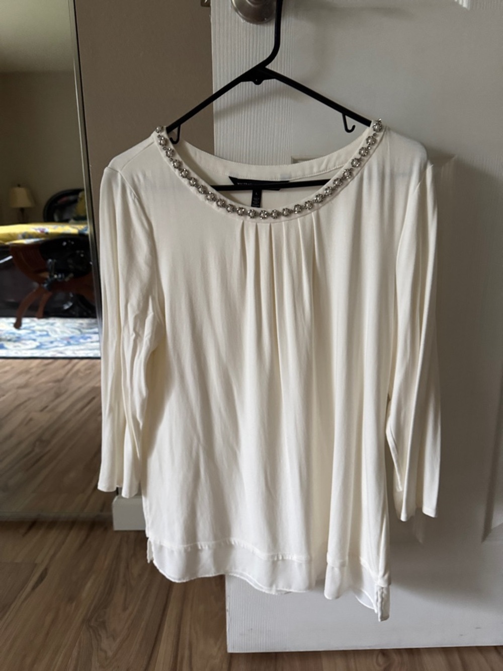White House Black Market Ivory Long-Sleeve Jeweled Neck Top
